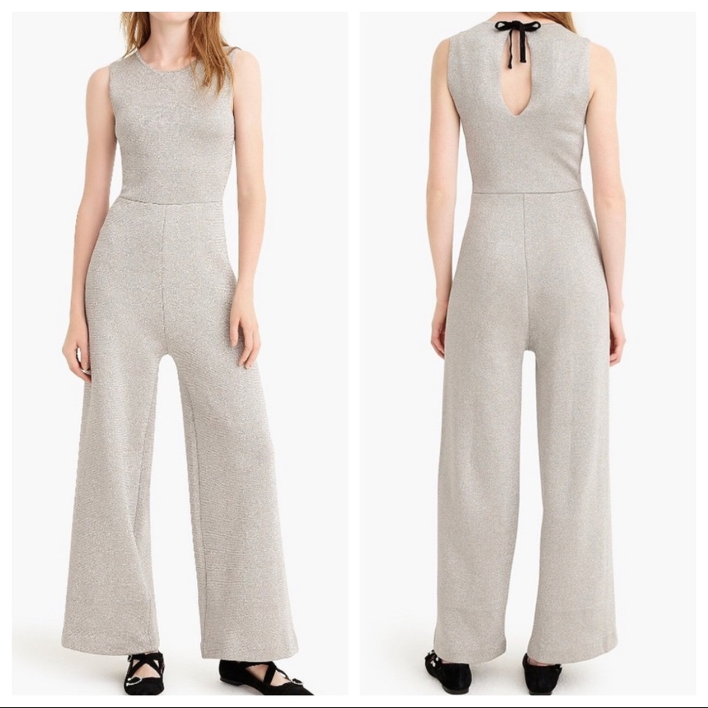 J. Crew sleeveless lurex silver metallic jumpsuit with velvet tie small NEW - Picture 3 of 9
